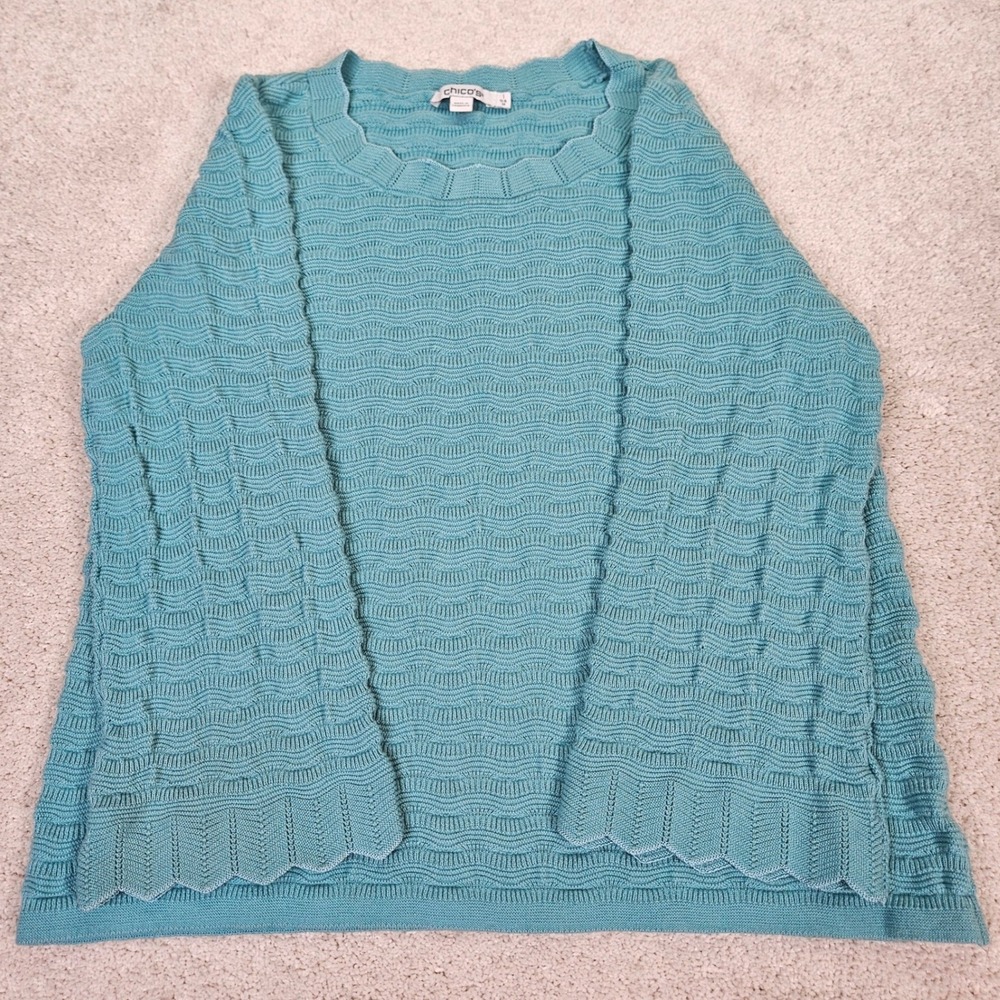 Chicos Teal‎ Textured Knit Sweater Womens Sz 1/M  Cashmere Blend Relaxed Coastal